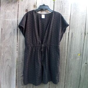 KONA SOL SWIM COVERUP WOMENS SIZE S/M BLACK OPEN TIE WAIST SHORT SLEEVE EYELET